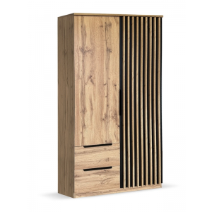 Szafa z lamelami 100 cm 2-drzwiowa z szufladami KOSMO dąb wotan + czarny